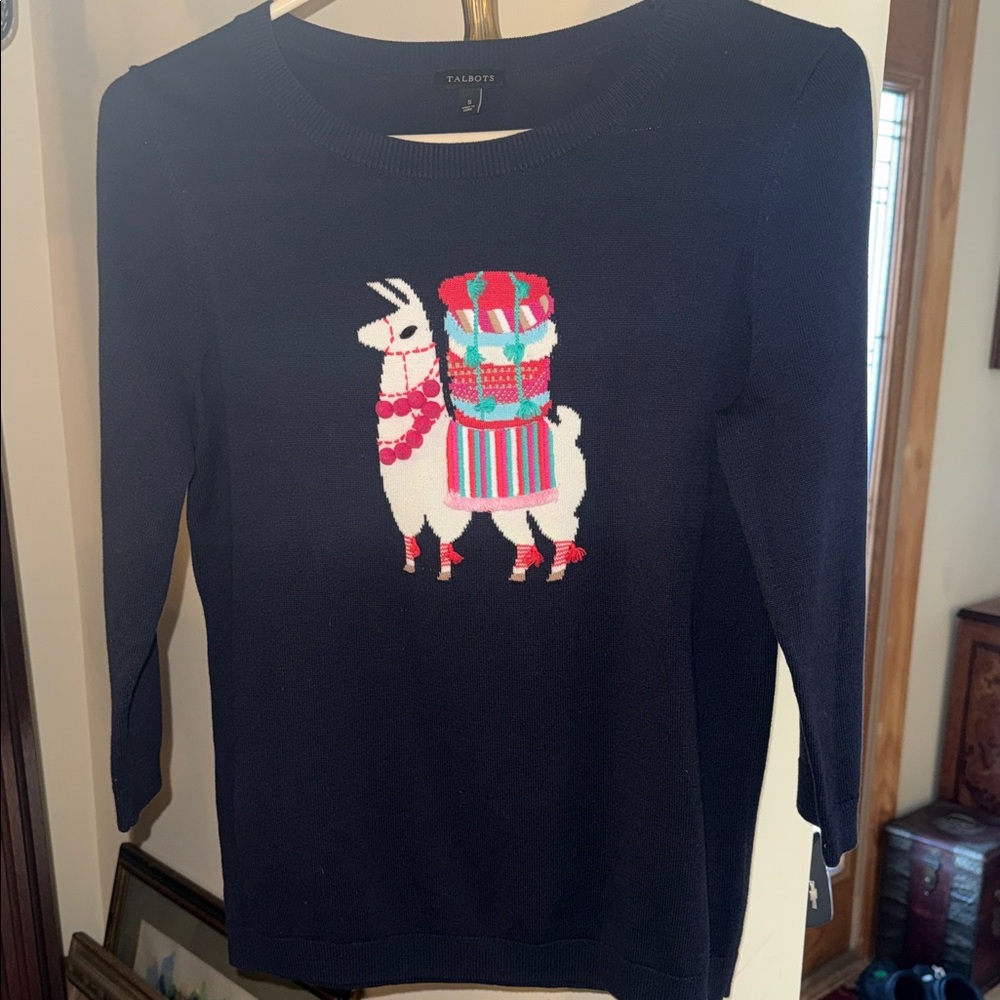 🍁Talbots Navy Sweater with Colorful Llama Design